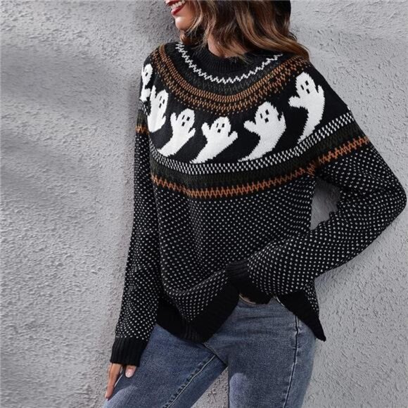 Halloween Ghost Knit Sweater – Gothic Long Sleeve Pullover Streetwear Top - Picture 2 of 4